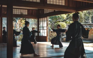 óvenes hombres y mujeres practicando ninjutsu en un dojo tradicional japonés. Llevan uniformes negros de artes marciales y realizan movimientos sincronizados con concentración y disciplina. El dojo tiene suelos de madera y grandes ventanas que dejan entrar luz natural, con un sereno jardín visible en el exterior, creando una atmósfera calmada y enfocada.