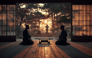 Practicantes de artes marciales tradicionales japonesas en un dōjō, sentados en seiza frente a una katana con un jardín japonés al atardecer.