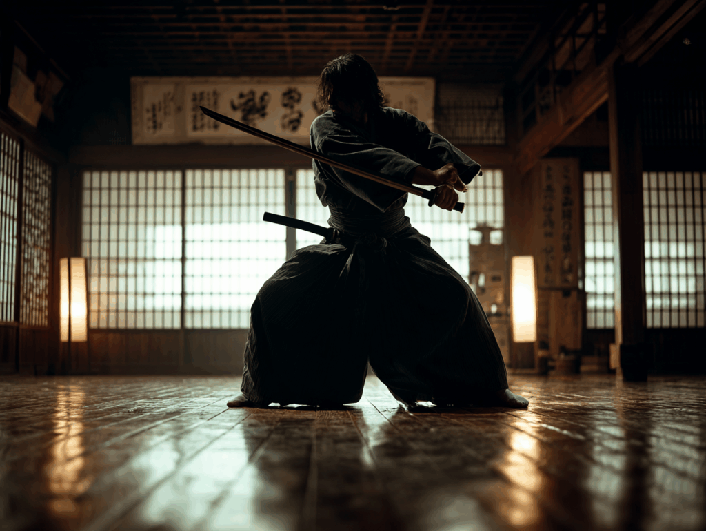 Practicante de artes marciales tradicionales japonesas ejecutando iaidō con katana en un dōjō tradicional iluminado con lámparas japonesas.