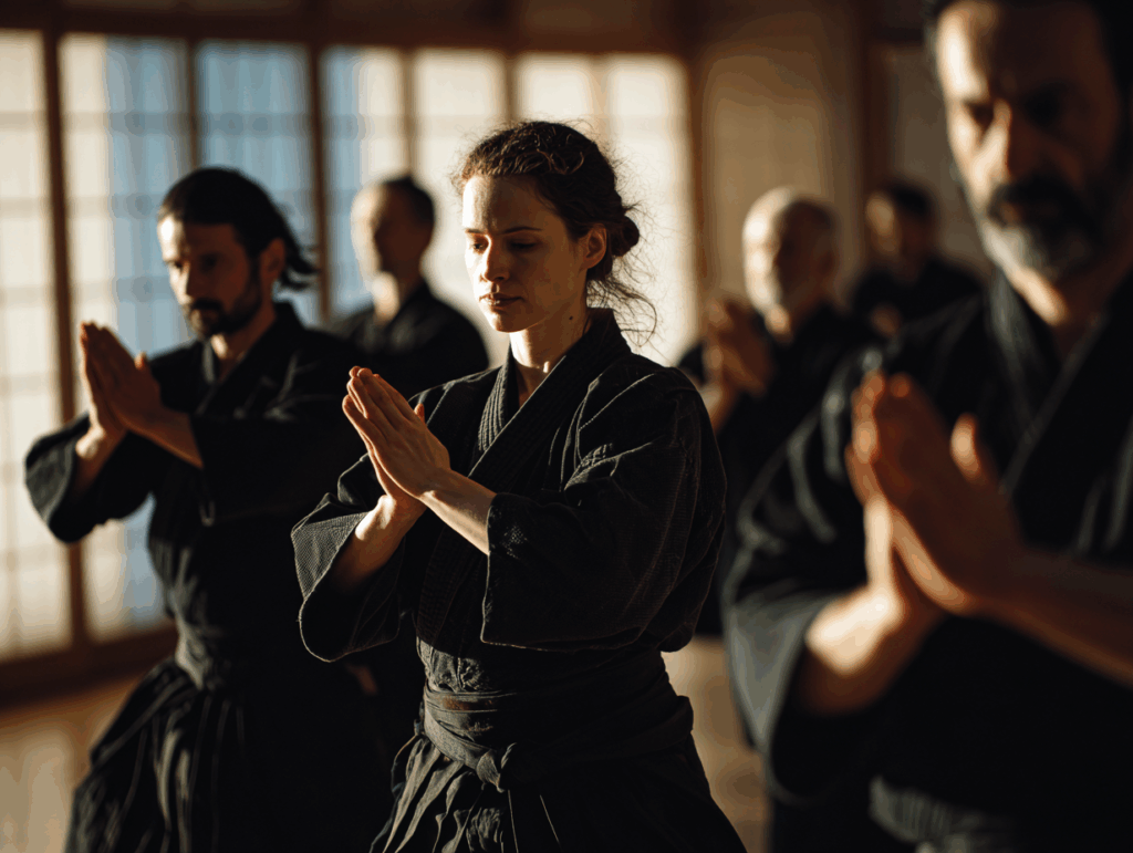 Grupo de practicantes de artes marciales tradicionales japonesas entrenando juntos en un dōjō, mostrando disciplina, concentración y comunidad.
